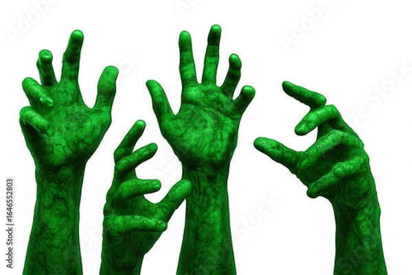 Fototapeta Four reaching green zombie hands isolated on transparent background represent halloween, horror, or spooky themes