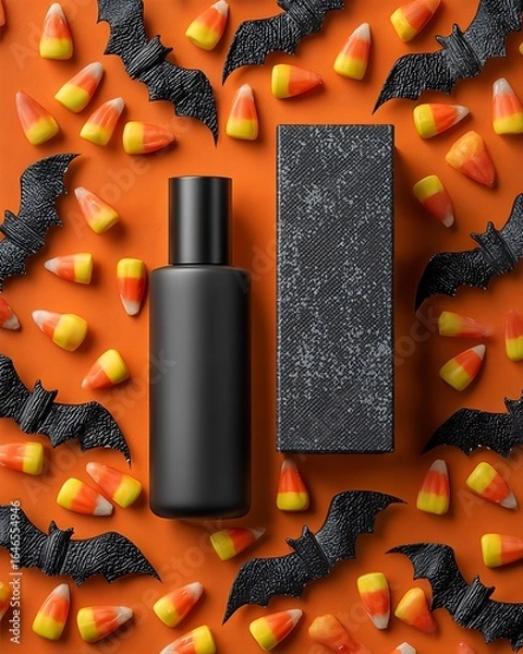 Fototapeta Foundation bottle and box packaging mockup, flat lay with bats and candy scattered around, orange-black background, clear central copy space