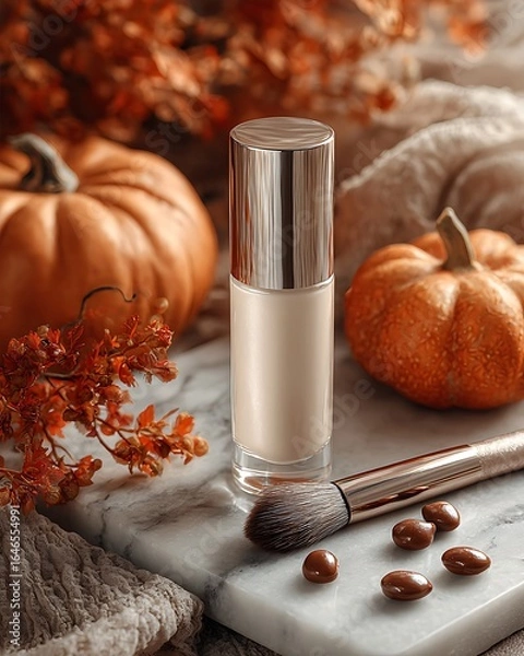 Fototapeta Foundation tube lying on marble surface with makeup brush, surrounded by Halloween candies and pumpkins, warm moody lighting, clear copy space