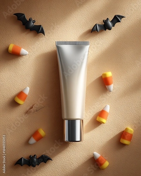 Fototapeta Foundation tube mockup with metallic cap, placed on beige-orange background, decorated with candy corn and bat silhouettes, soft shadows, ample copy space for text