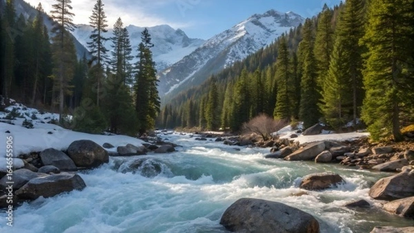 Fototapeta Aseroe, The Alpine Jewel
In the heart of the Alps, nestled between towering, snow-capped peaks and verdant, pine-covered slopes, lies the serene town . A crystal-clear river, fed by glaciers,