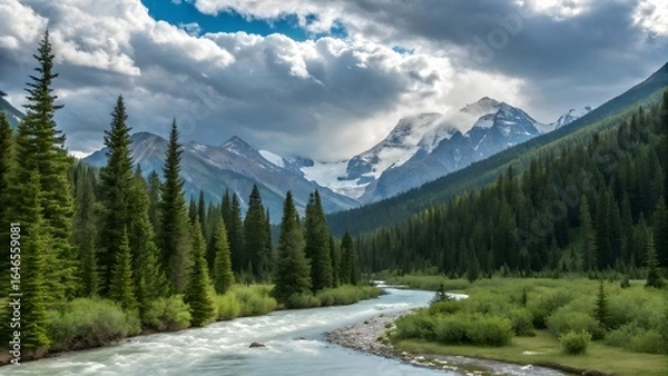 Fototapeta Aseroe, The Alpine Jewel
In the heart of the Alps, nestled between towering, snow-capped peaks and verdant, pine-covered slopes, lies the serene town . A crystal-clear river, fed by glaciers,