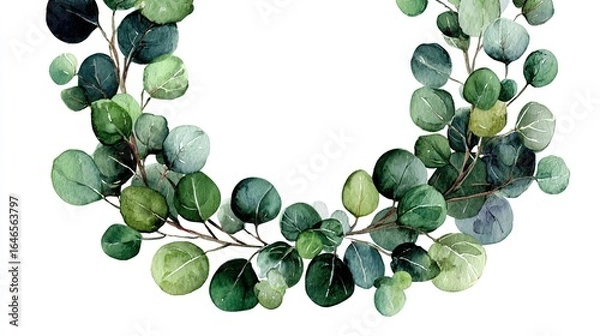 Fototapeta Watercolor Eucalyptus Wreath with Round Green Leaves on White Background. High quality