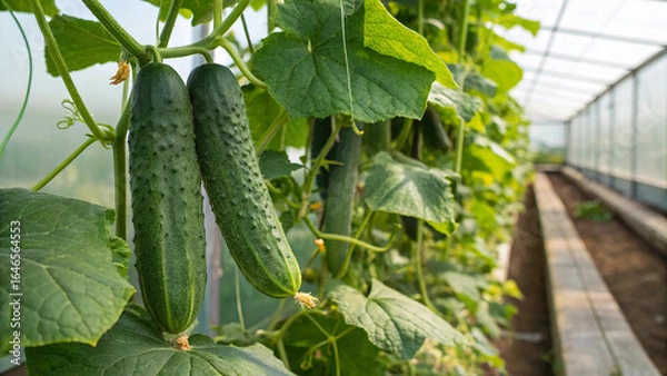 Fototapeta Cucumber hanging tree in greenhouse, Cucumber on tree in natural background