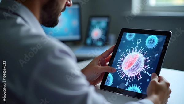 Fototapeta Medical technology A medical illustrator uses AR to create animated educational content, showing step-by-step cellular processes and drug mechanisms (1)