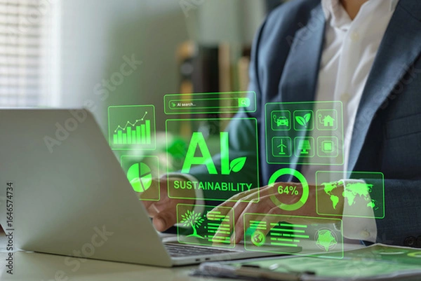 Fototapeta Businessman using laptop with green AI sustainability dashboard, clean energy icons and analytics. Concept of eco-friendly technology, ESG reporting, carbon tracking and digital transformation.