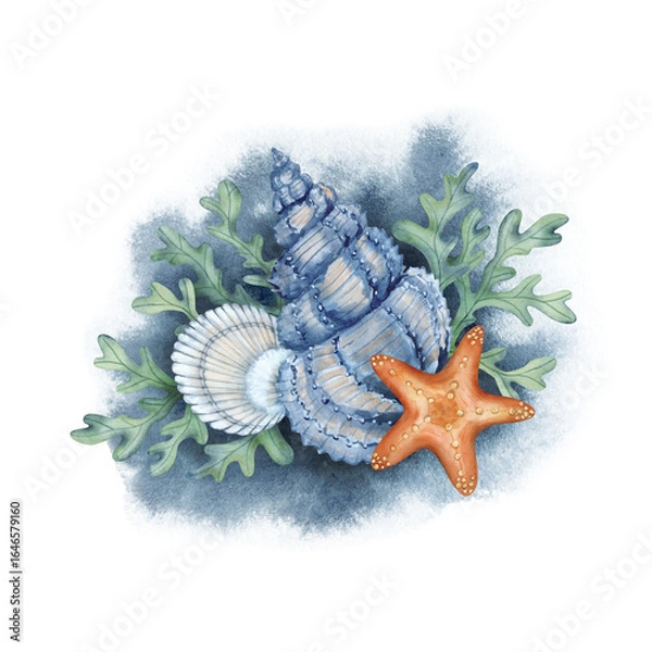 Fototapeta Marine composition with shells, starfish and algae on the background of a watercolor spot. Illustration for posters, stickers, and prints.