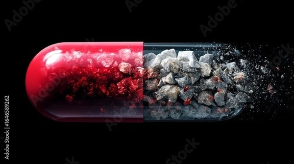 Fototapeta A striking red capsule filled with crushed rocks, symbolizing contrast and transformation.