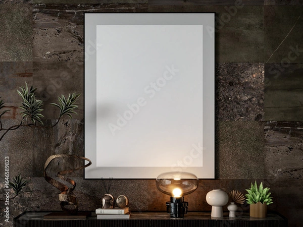 Fototapeta Modern Interior with Blank Poster Frame on Wall, Mockup Design, 3d Rendering
