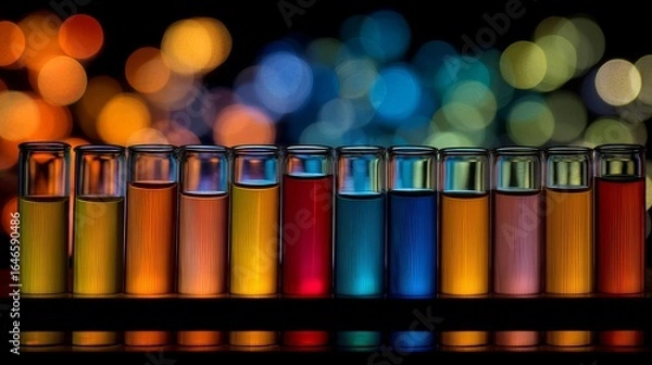 Fototapeta Colorful test tubes filled with vibrant liquids against a soft bokeh background.