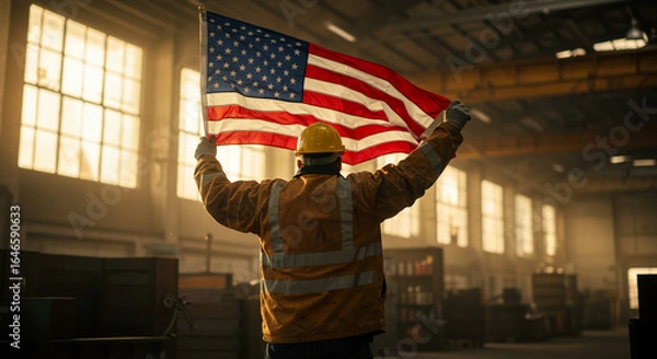 Obraz A worker proudly displays the American flag inside a large industrial building.