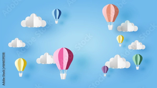Obraz Illustration of hot air balloons on abstract sky background. Hot air balloon float up in the sky. paper cut and craft style. vector, illustration.