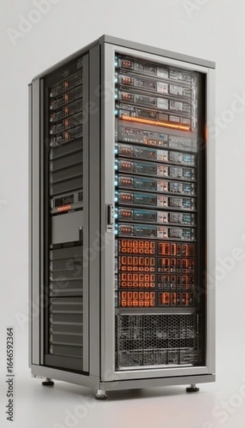 Fototapeta Silver Server Rack with Glowing Orange and Blue Components