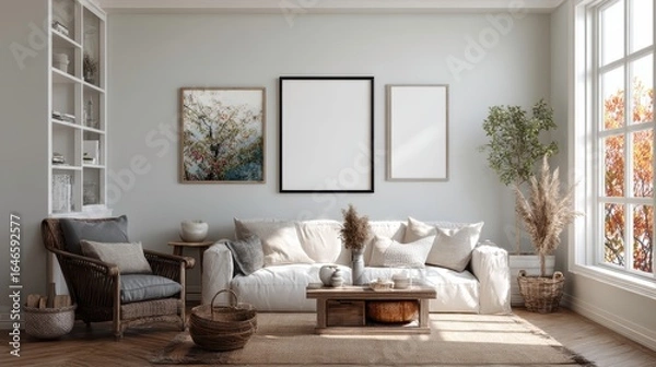 Fototapeta Living room interior design with a mockup photo frame.