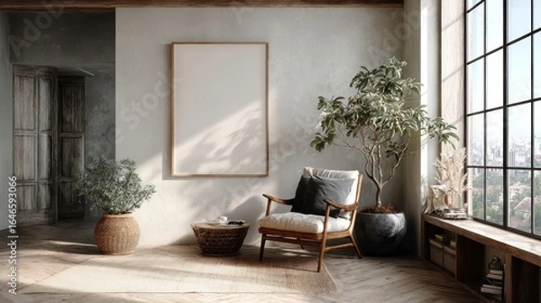 Fototapeta Living room interior design with a mockup photo frame.