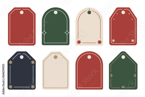 Obraz Christmas gift tag set, red green cream labels, rounded rectangle and arch shapes, minimalist holiday design, printable vector template