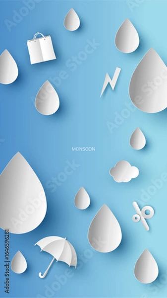 Obraz Raindrop background template for sale. Monsoon sale templates. Rainy season. paper cut and craft style. vector, illustration.
