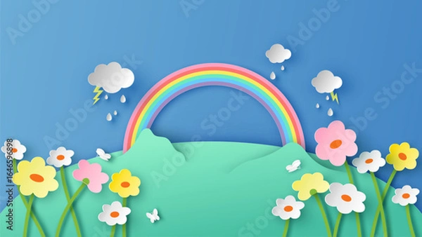 Obraz Flower meadow in spring. Spring natural landscape. paper cut and craft style. vector, illustration.