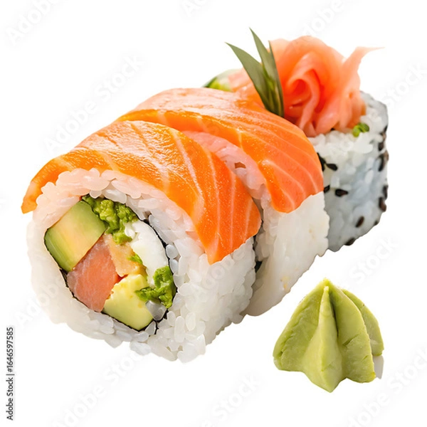 Fototapeta Delicious Salmon Sushi Roll with Avocado and Wasabi on Black Background ginger isolated on a transparent background
