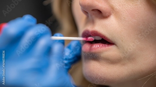 Fototapeta Close-up of a woman applying lip gloss with a cotton swab, showcasing beauty and care.