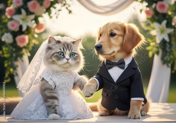 Fototapeta Whimsical wedding portrait of a cat and dog in bridal gown and tuxedo under a floral arch — a charming, humorous pet scene for cards and designs.