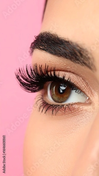 Fototapeta Close-up of a woman's eye with dramatic lashes against a pink backdrop