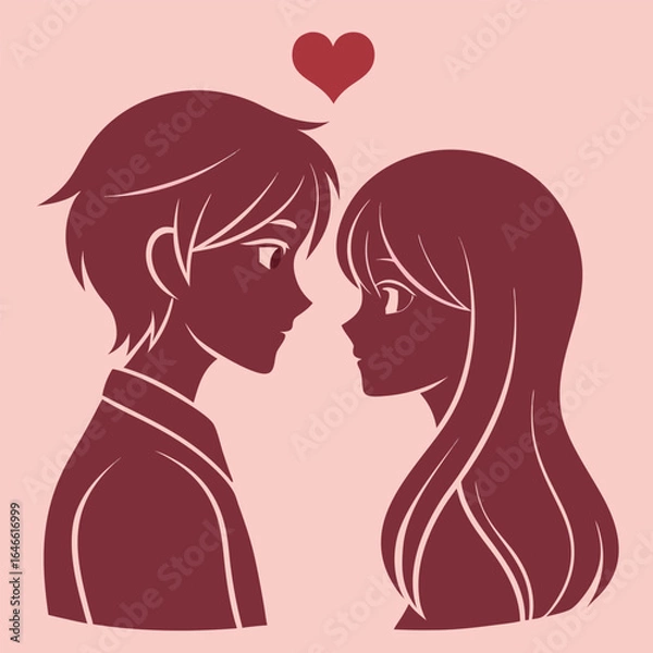Fototapeta Romantic anime couple in profile view with a heart.