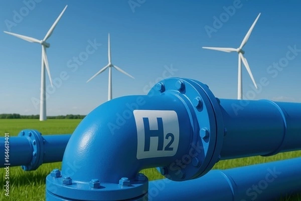 Fototapeta Zero carbon energy source. A hydrogen pipeline with wind turbines in the background, representing renewable energy transportation.