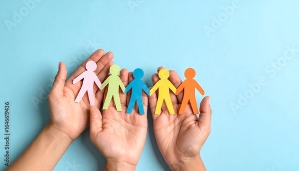 Obraz Colorful paper chain figures held in hands against a light blue background