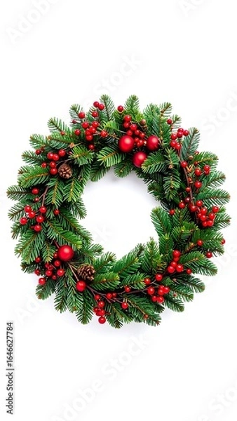 Fototapeta Lush green wreath adorned with red berries and pine cones, isolated on white