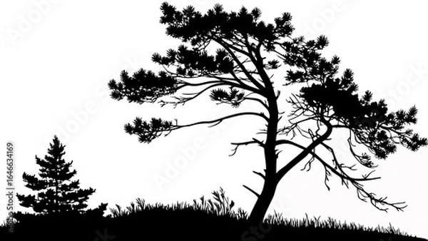 Fototapeta Shadow silhouette of a pine tree, black vector shape on a clean white background.