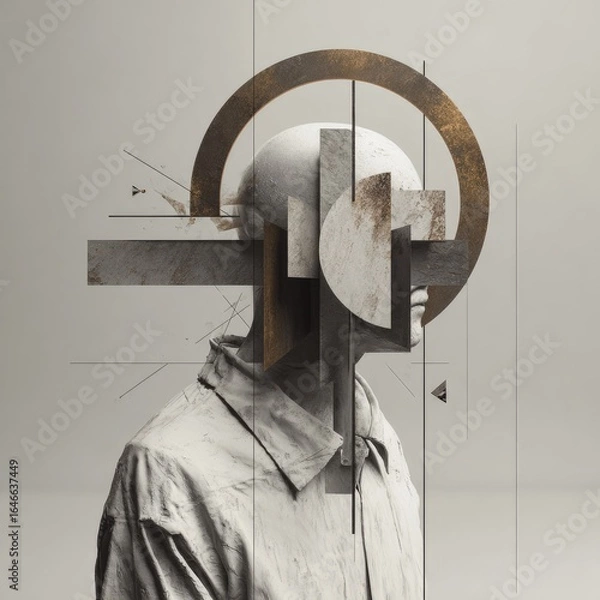 Fototapeta A sculpted head, partly marble, partly geometric shapes in bronze and stone tones, overlaid with a collared shirt, set against a minimalist background