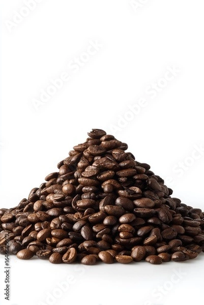 Fototapeta A conical pile of dark brown coffee beans against a plain white background
