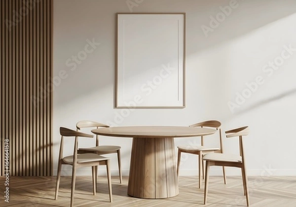 Fototapeta Minimalist Dining Room and Wooden Furniture with a blank frame