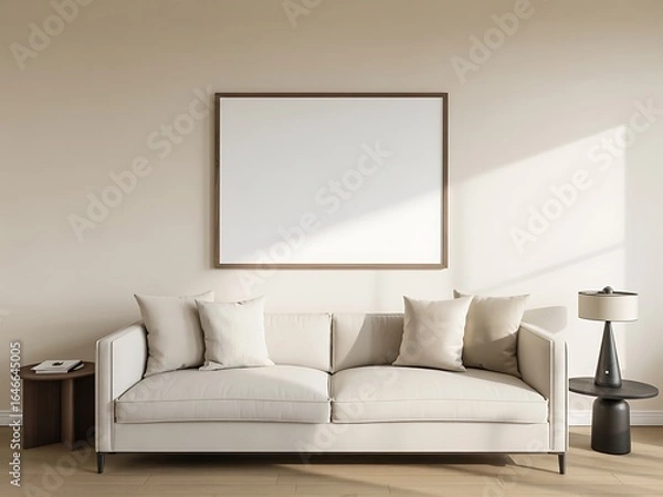 Fototapeta Neutral toned living room mockup with white sofa framed art and side tables interior
