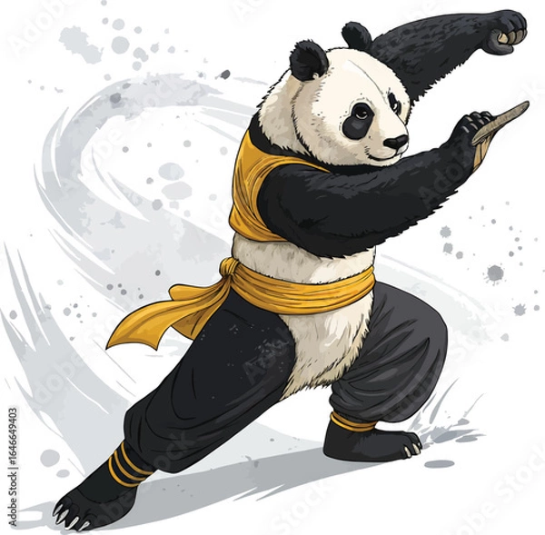 Obraz Anthropomorphic Martial Arts Panda in Yellow Belt and Fighting Stance with Abstract Brush Stroke Background for Action, Character Design, and Asian Culture Concepts