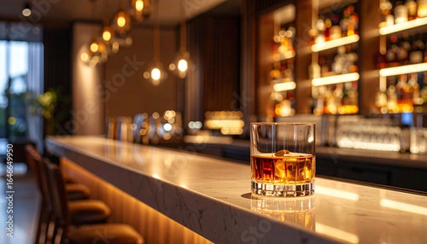Obraz バーカウンターに置かれた琥珀色のウイスキー