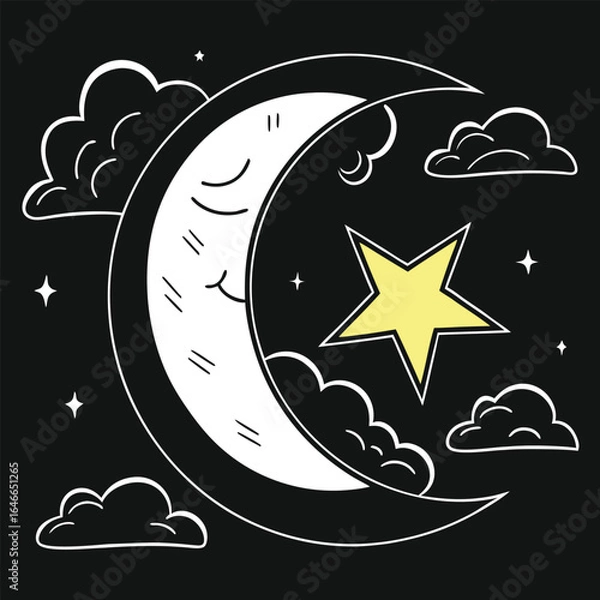 Obraz Whimsical Night Sky Illustration Featuring Smiling Crescent Moon with Face, Yellow Star, and White Clouds on Black Background for Dreamy, Celestial, and Graphic Design Concepts
