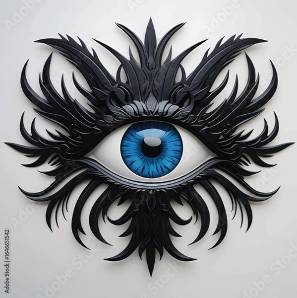 Obraz Stylized Eye Illustration Featuring Bright Blue Iris with Black Pupil and Symmetrical Flame-Like Patterns for Fantasy, Symbolic, and Graphic Design Concepts