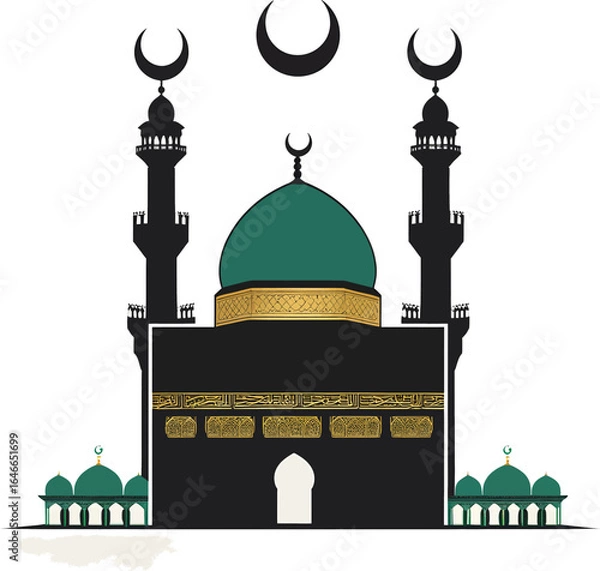 Obraz Illustration of Islamic Mosque with Green Domes, Black Facade, Golden Accents, and Twin Minarets Featuring Crescent Moons for Religious, Cultural, and Architectural Design Concepts