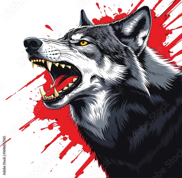 Obraz Fierce Wolf Illustration Featuring Open Mouth with Sharp Fangs, Yellow Eyes, and Red Splash Background for Wildlife, Fantasy, and Graphic Design Concepts