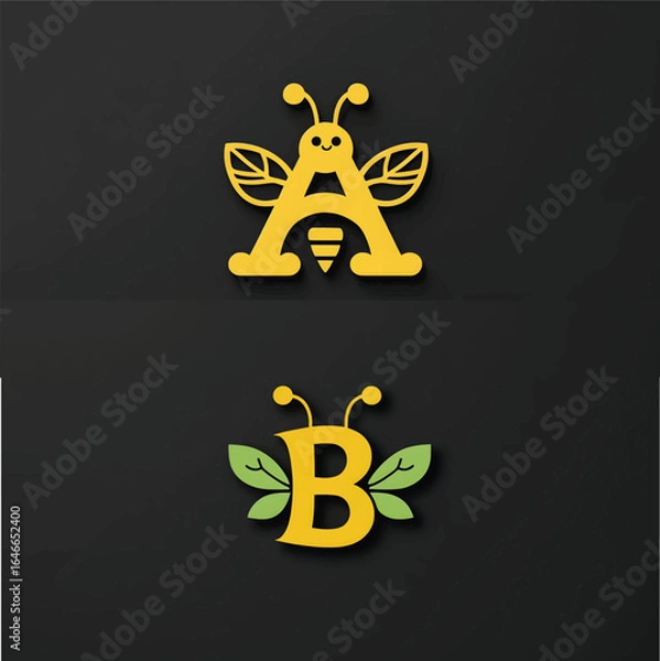 Obraz Bee-Themed Alphabet Illustration Featuring Stylized Letters A and B with Wings, Antennae, Stripes, and Leaf Accents on Black Background for Educational, Decorative, and Graphic Design Use