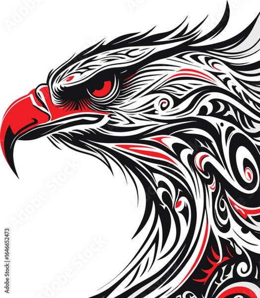 Obraz Tribal Eagle Head Illustration Featuring Red Beak and Eye with Intricate Black and White Swirling Feather Patterns for Tattoo, Symbolic, and Graphic Design Concepts