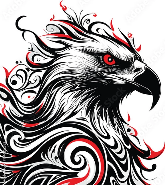 Obraz Stylized Eagle Head Illustration Featuring Intricate Black, White, and Red Swirling Patterns with Intense Red Eye for Patriotic, Tribal, and Graphic Design Concepts