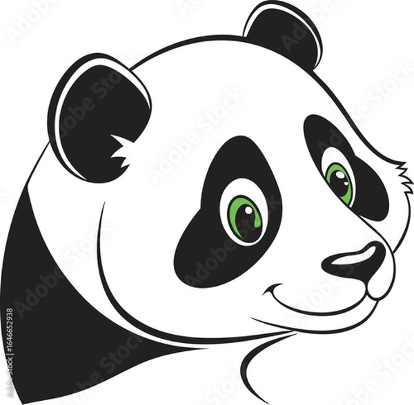 Fototapeta Cartoon Panda Head Illustration with Green Eyes, Black Ears, and Friendly Smile in Bold Line Art Style for Children’s Media, Branding, and Graphic Design Use