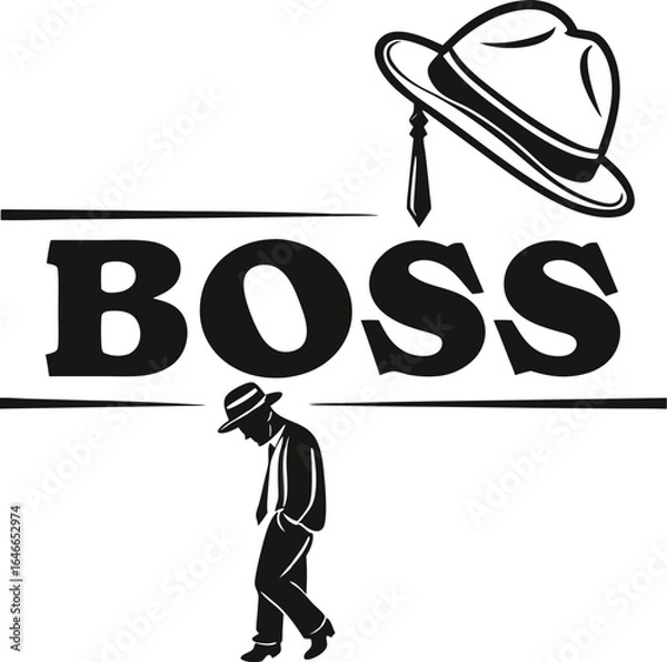 Obraz BOSS Typography Illustration Featuring Hat and Tie Motif Above Text with Slouched Silhouette Below for Leadership, Corporate, and Graphic Design Concepts