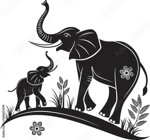 Obraz Elephant Illustration Featuring Decorative Floral Patterns on Adult and Baby Elephants Standing on Grassy Hill with Plants and Flowers in Black and White for Wildlife, Artistic, and Graphic Design Use