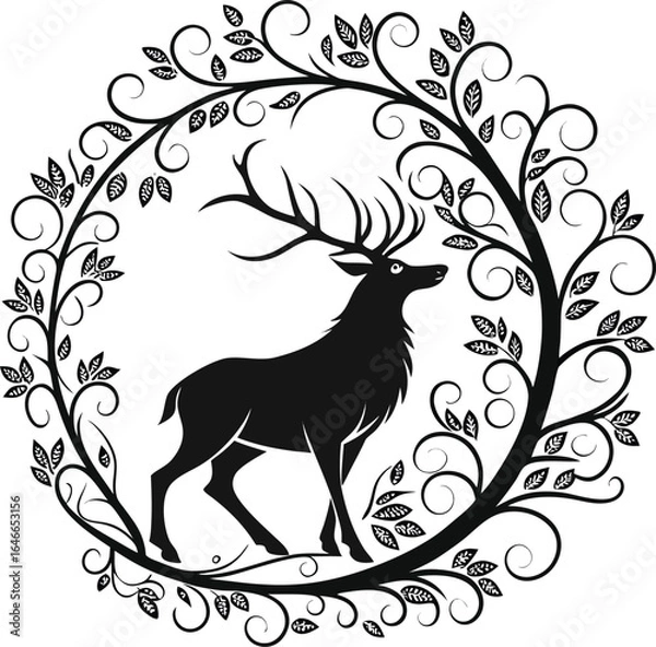 Obraz Deer Silhouette Illustration Featuring Large Antlers and Symmetrical Circular Frame of Swirling Vines and Leaves in Black for Nature, Decorative, and Graphic Design Applications