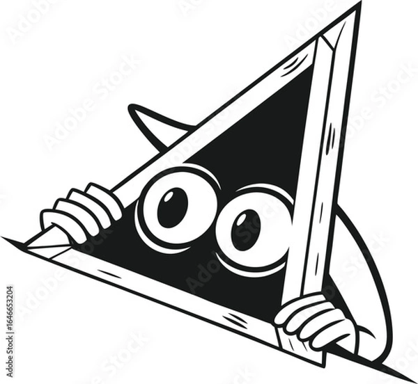 Obraz Cartoon Character Peeking Through Black Triangle Frame with Large Round Eyes and White Border for Playful, Graphic, and Editorial Design Concepts