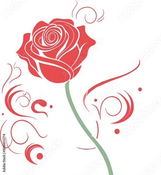 Obraz Rose Illustration Featuring Stylized Red Bloom with Green Stem and Decorative Swirls and Dots for Romantic, Botanical, and Graphic Design Applications